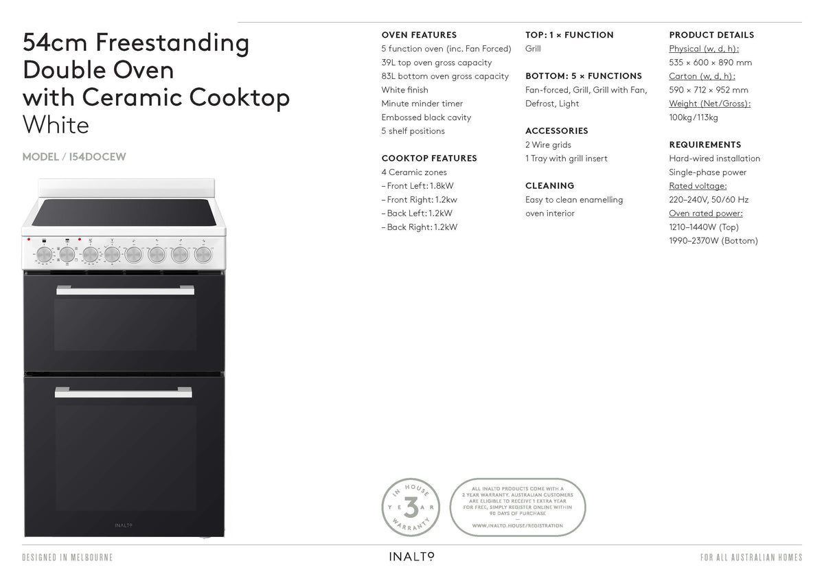 Inalto I54DOCEW 54cm White Freestanding Double Stove with Ceramic Cooktop