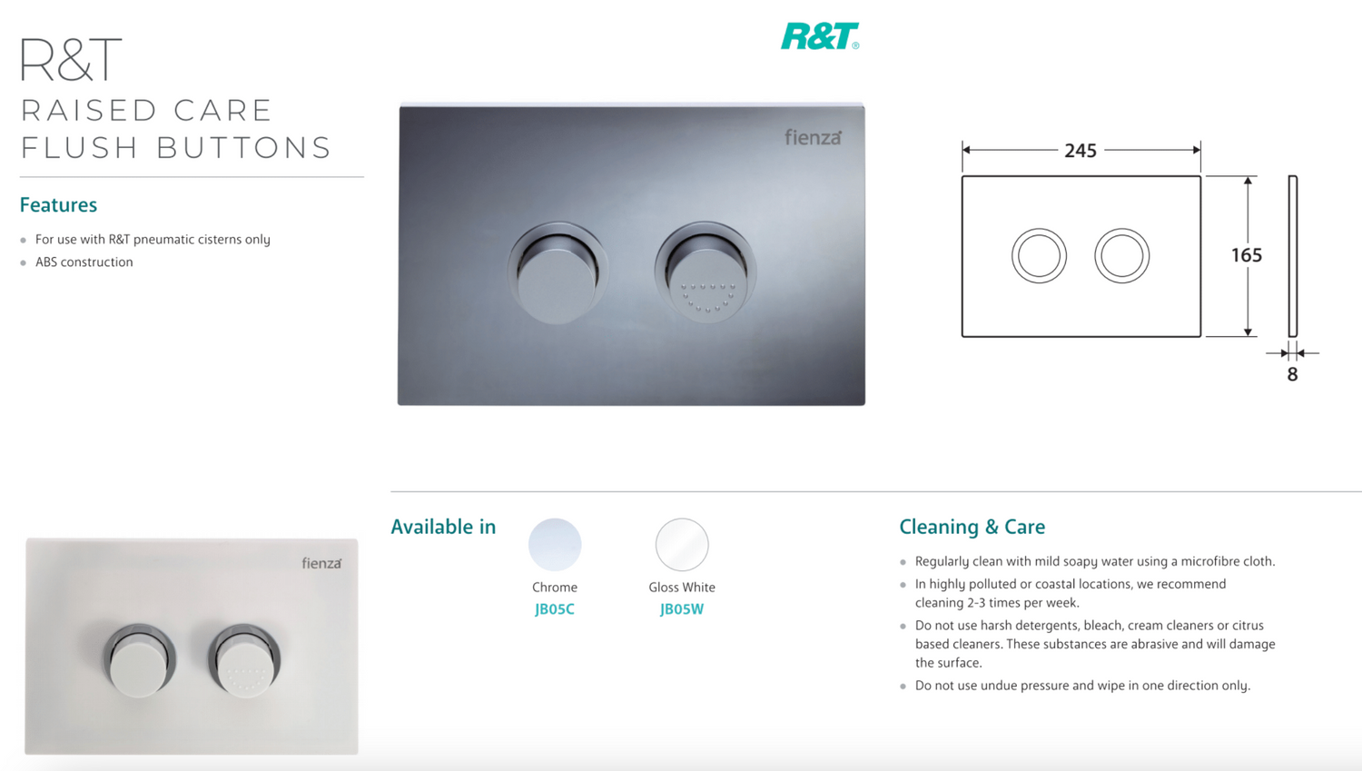 R&T JB05W Raised Care Flush Buttons, Gloss White