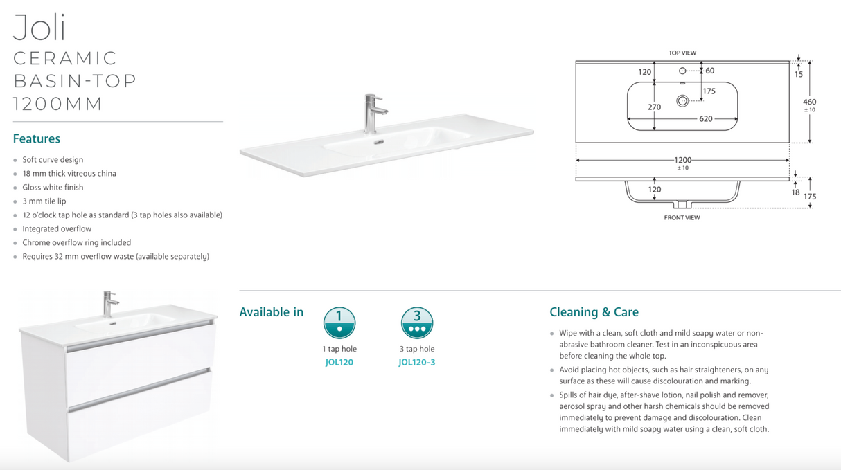 Fienza JOL120RW 1200 Joli Alina Satin White Wall-Hung Vanity
