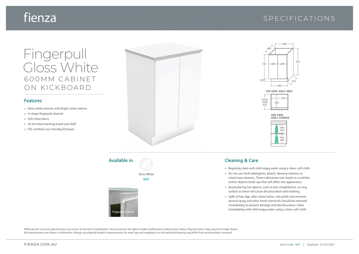 Fienza Joli Edge JOL60C 600mm Gloss White Vanity On Kickboard