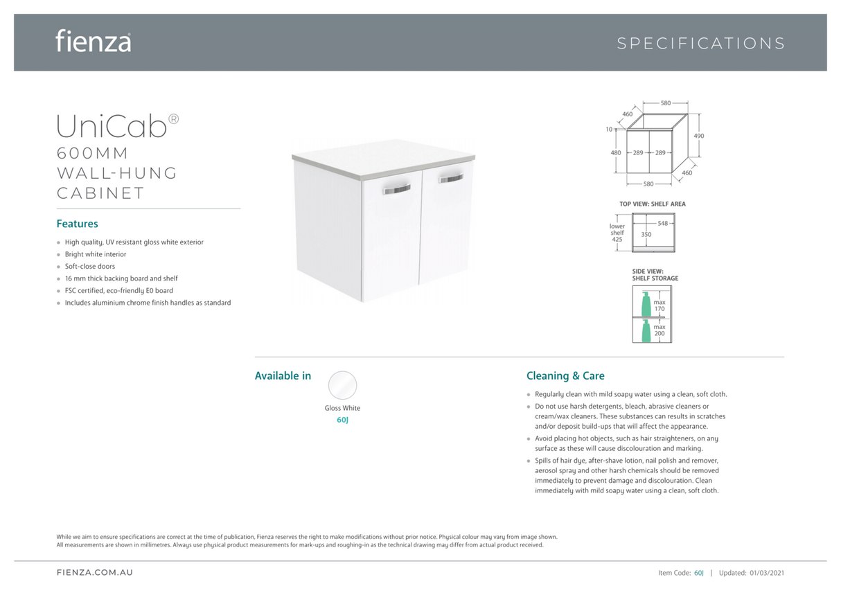 Fienza JOL60J Joli Unicab 600mm Wall Hung Vanity, Gloss White