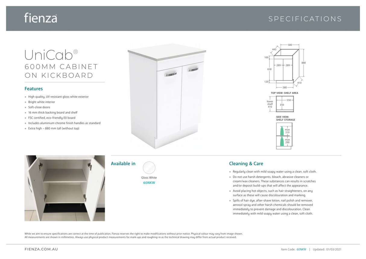 Fienza JOL60NKW Joli Unicab 600mm Vanity on Kickboard, Gloss White