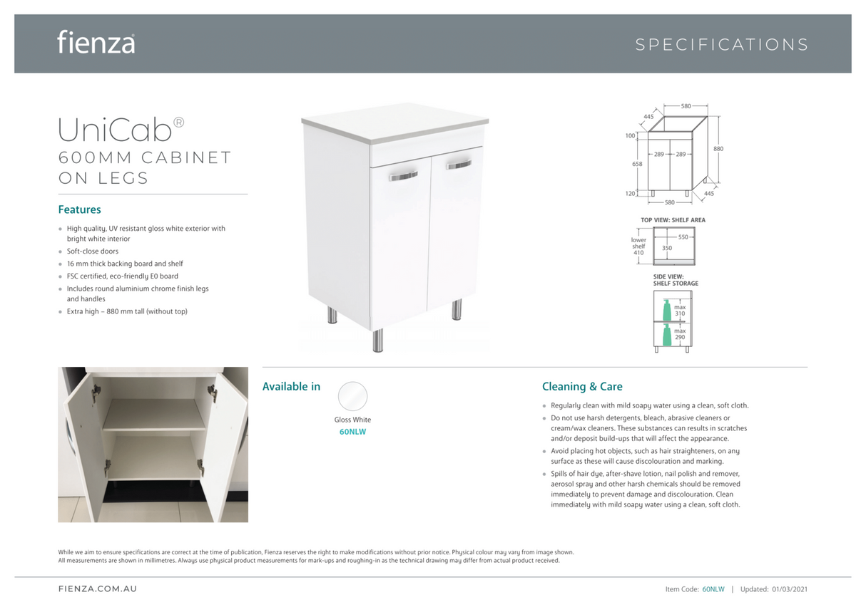 Fienza JOL60NLW Joli Unicab 600mm Vanity on Legs, Gloss White