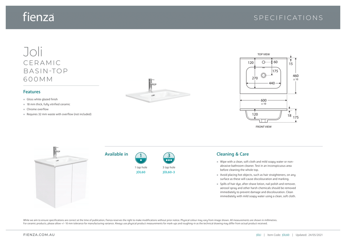 Fienza JOL60NLW Joli Unicab 600mm Vanity on Legs, Gloss White