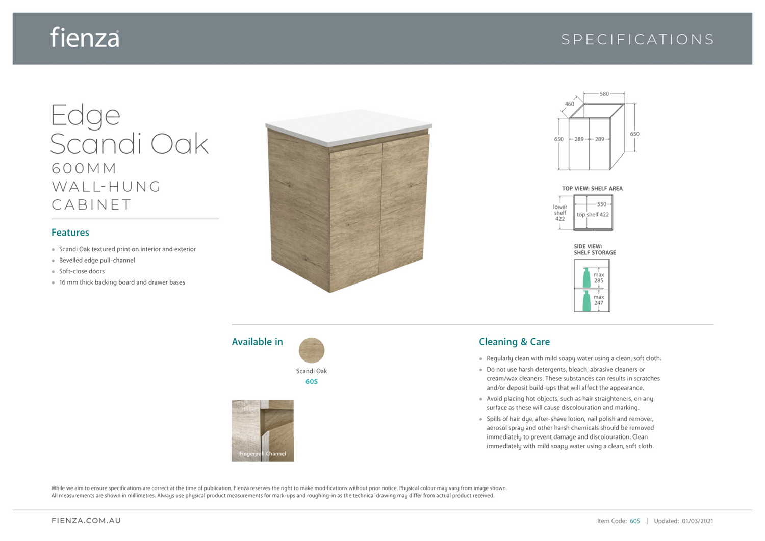 Fienza Joli Edge JOL60S 600mm Scandi Oak Wall Hung Vanity