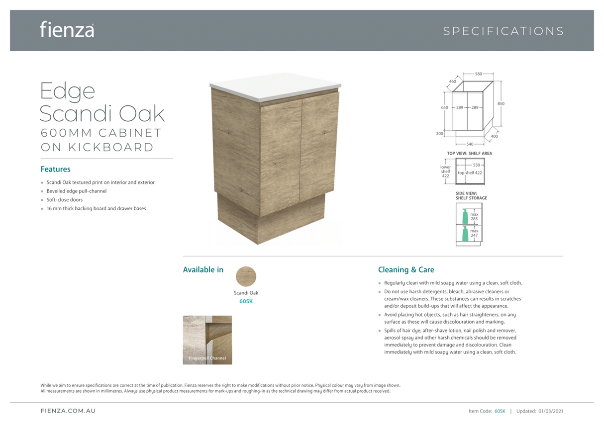 Fienza Joli Edge JOL60SK 600mm Scandi Oak Vanity On Kickboard