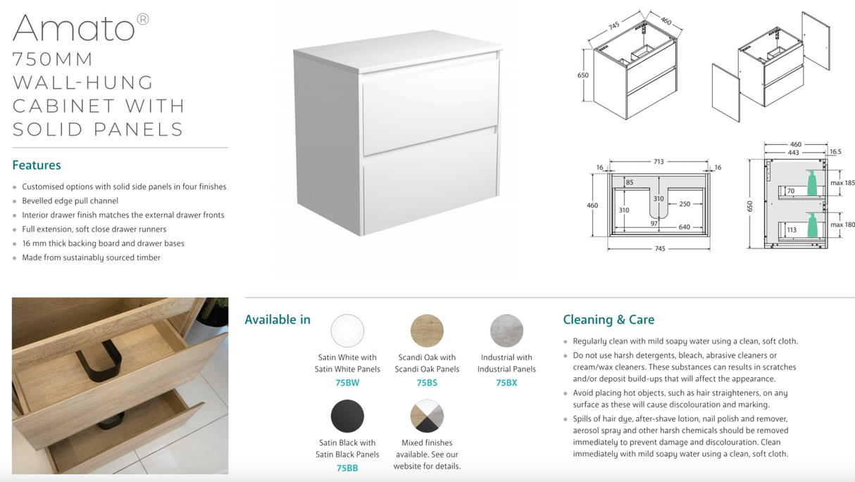 Fienza JOL75BB Joli 750mm Satin Black Wall Hung Vanity, 1 Taphole