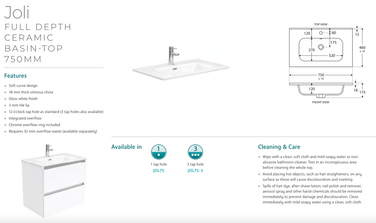 Fienza JOL75BB Joli 750mm Satin Black Wall Hung Vanity, 1 Taphole