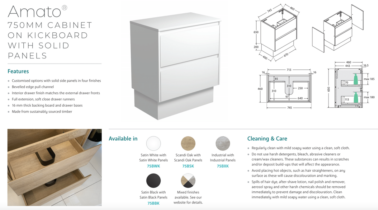 Fienza JOL75BBK Joli 750mm Satin Black Vanity On Kickboard, 1 Taphole