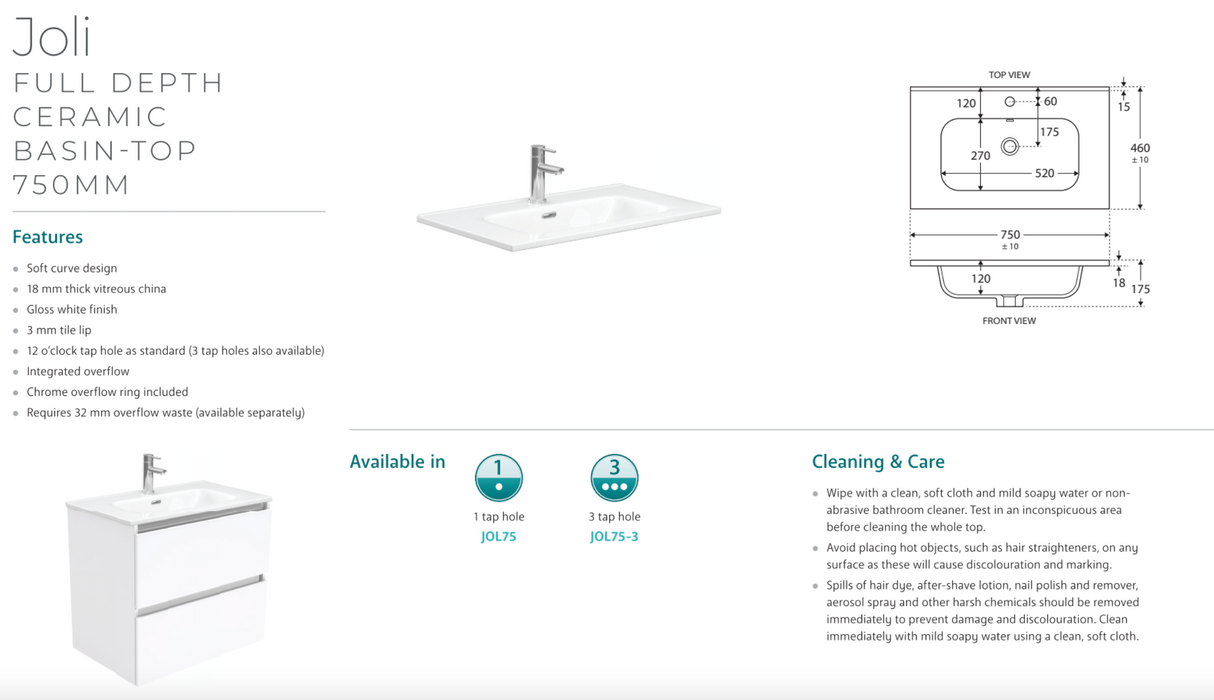 Fienza JOL75BBK Joli 750mm Satin Black Vanity On Kickboard, 1 Taphole