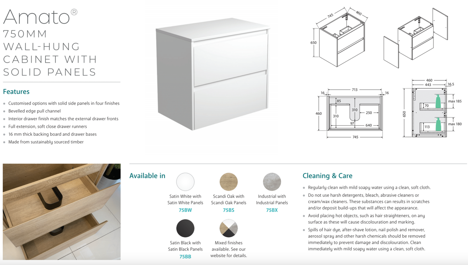 Fienza 75BSW Amato 750 Wall Hung Cabinet, Satin White Panels, Scandi Oak, Cabinet Only