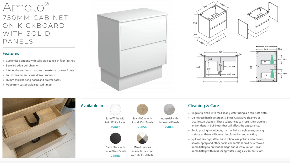 Fienza JOL75BSK Joli 750mm Scandi Oak Vanity On Kickboard, 1 Taphole