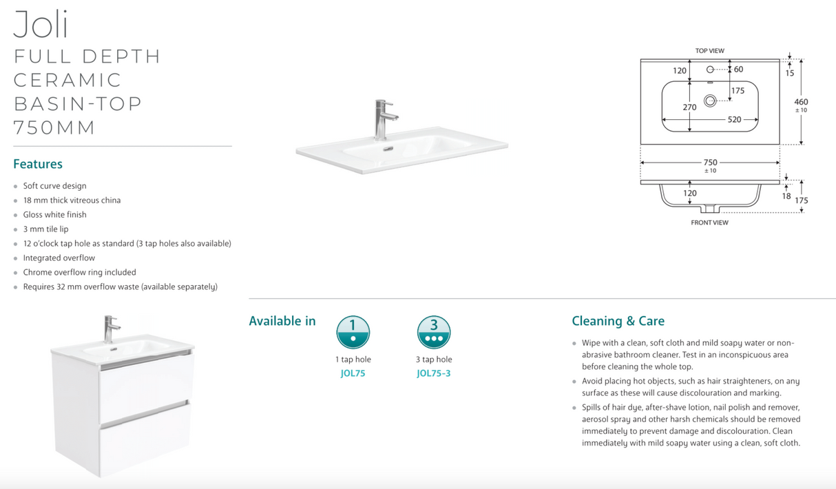 Fienza JOL75BSK Joli 750mm Scandi Oak Vanity On Kickboard, 1 Taphole