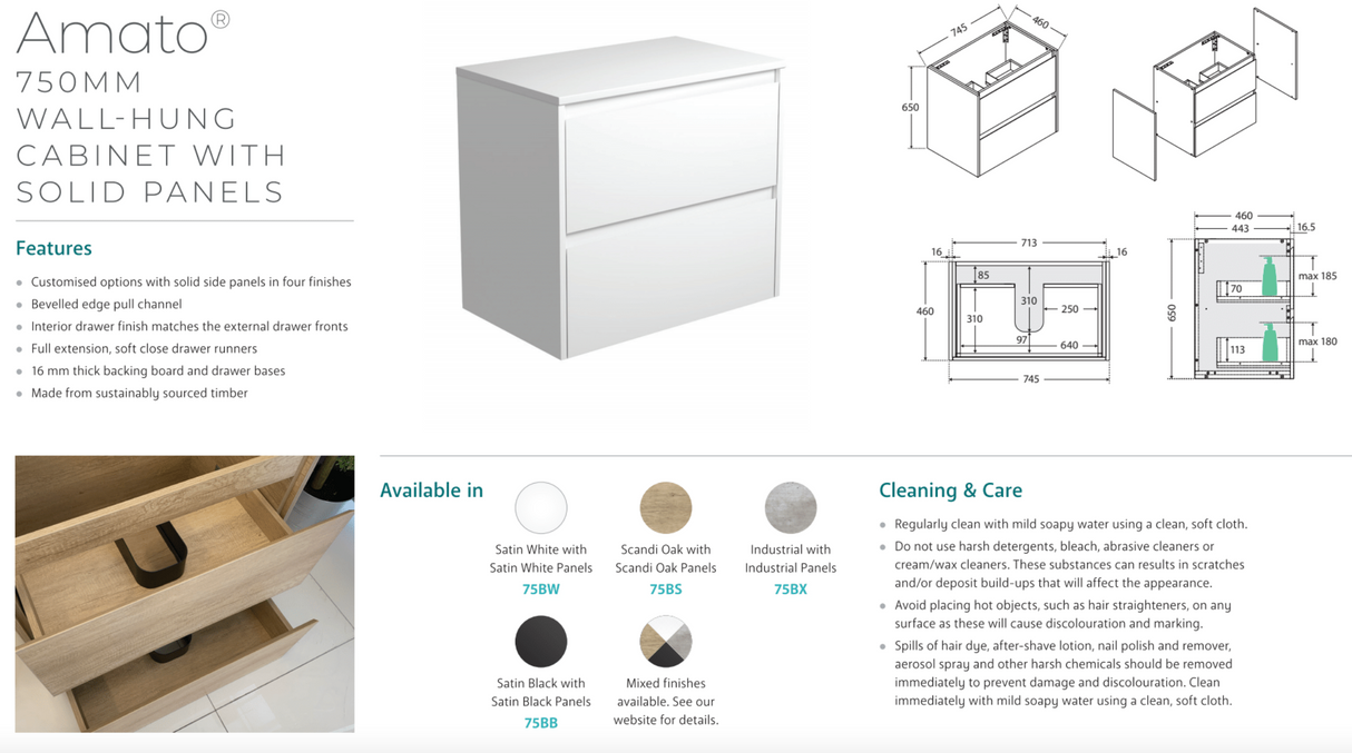 Fienza JOL75BW Joli 750mm Satin White Wall Hung Vanity, 1 Taphole