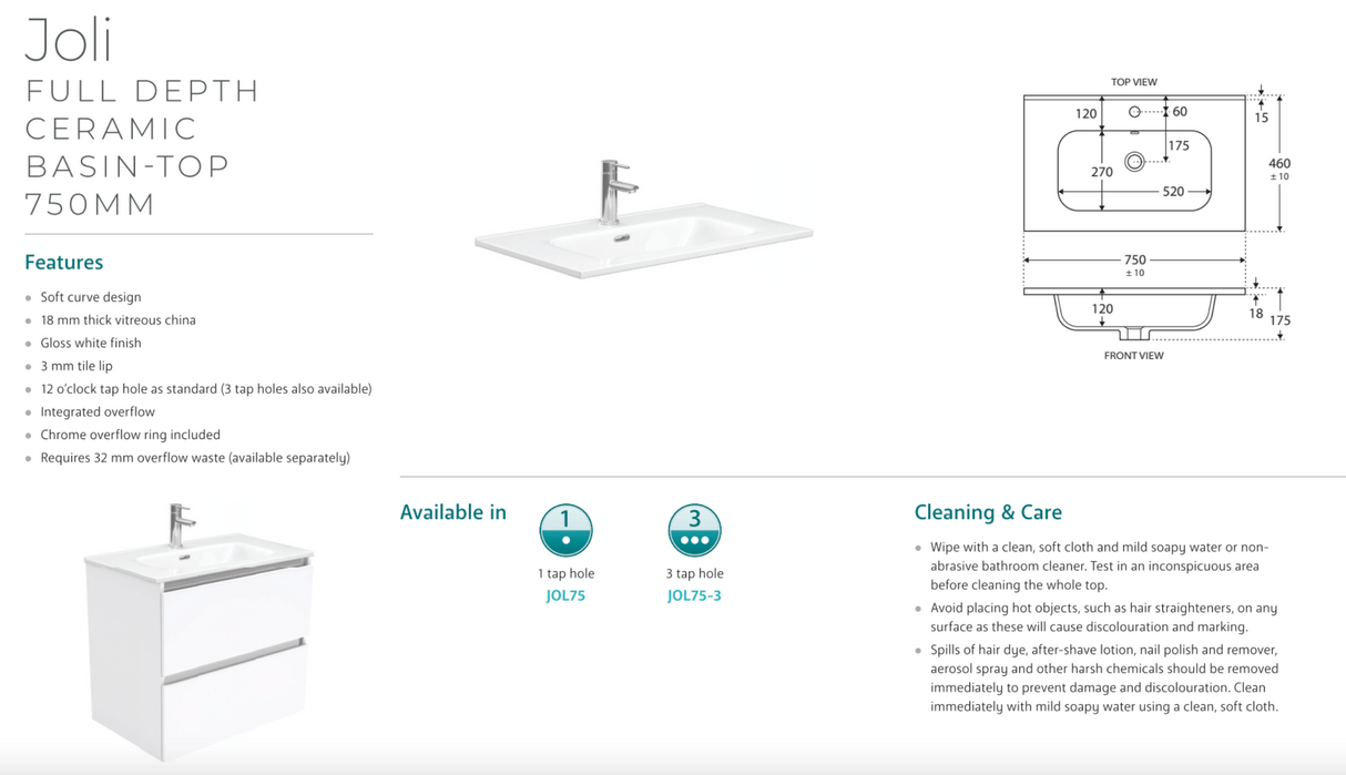 Fienza JOL75BW Joli 750mm Satin White Wall Hung Vanity, 1 Taphole