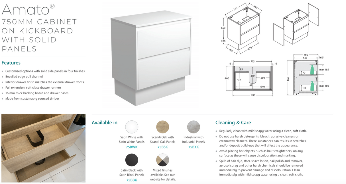 Fienza JOL75BWK Joli 750mm Vanity On Kickboard, 1 Taphole, Satin White