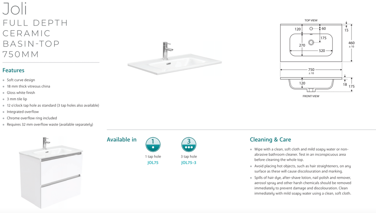 Fienza JOL75BWK Joli 750mm Satin White Vanity On Kickboard, 1 Taphole