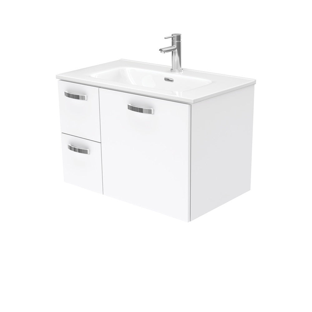 Fienza JOL75JL 750mm Joli Uni Wall Hung Vanity with Handles, Left Drawers, 1 Taphole, Gloss White