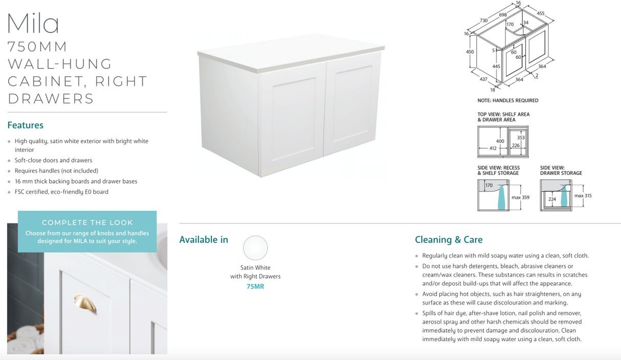 Fienza JOL75MR Joli Mila 750mm Wall Hung Vanity Unit, Right Drawers, White