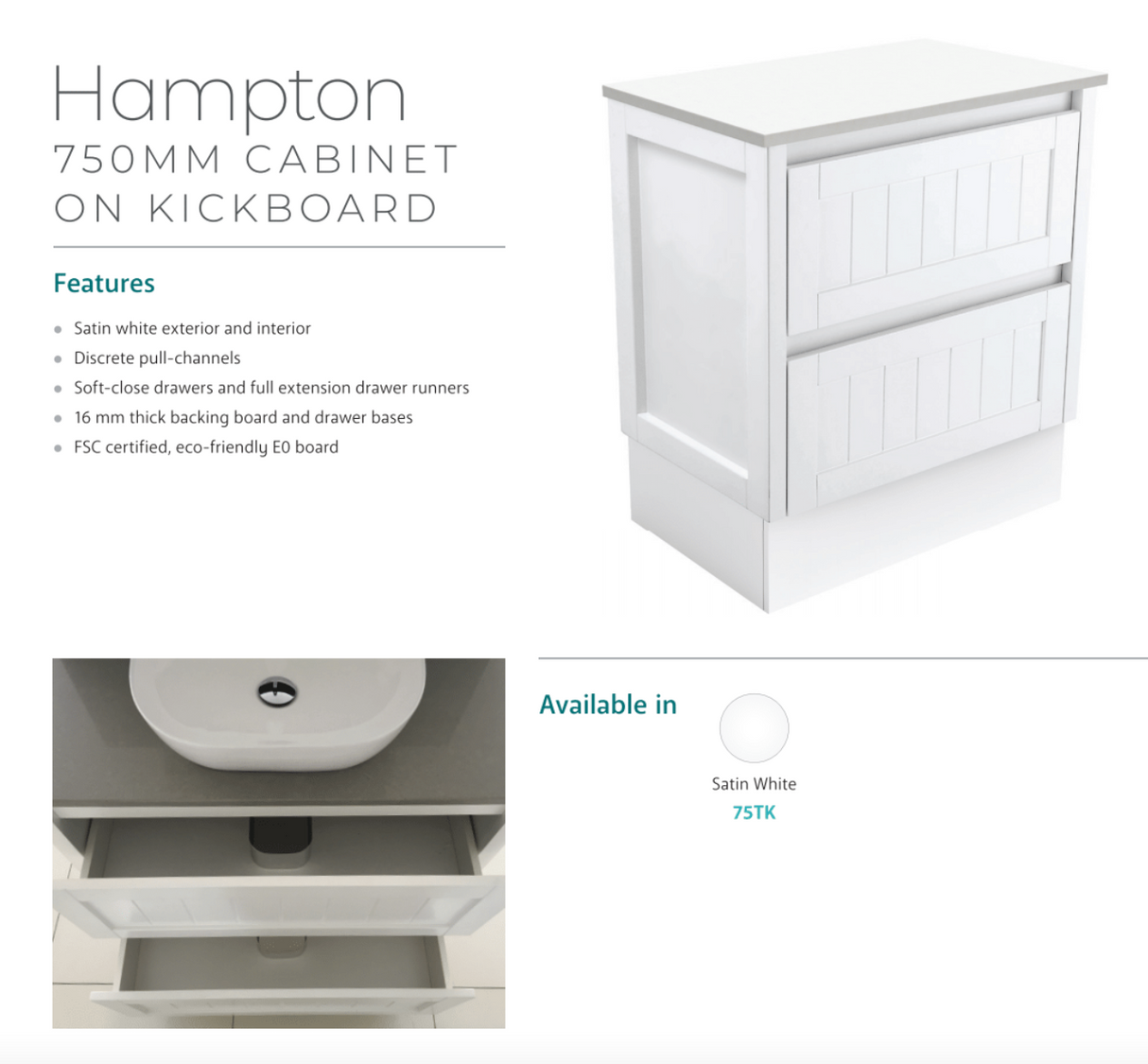 Fienza Joli Jol75Tk Hampton 750Mm White Vanity Unit On Kickboard - Special Order Units