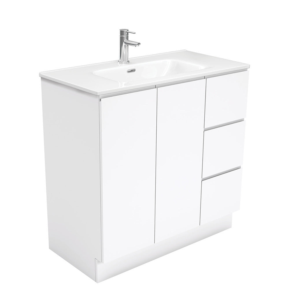 Fienza JOL90CR 900mm Joli Fingerpull Bathroom Vanity on Kickboard, Right Drawers, Gloss White