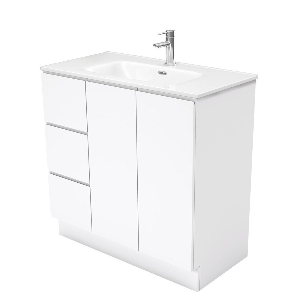 Fienza JOL90CL 900mm Joli Fingerpull Bathroom Vanity on Kickboard, Left Drawers, Gloss White