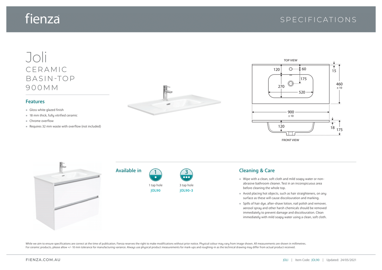 Fienza JOL90FL 900mm Joli Wall Hung Fingerpull Bathroom Vanity, Left Drawers, Gloss White