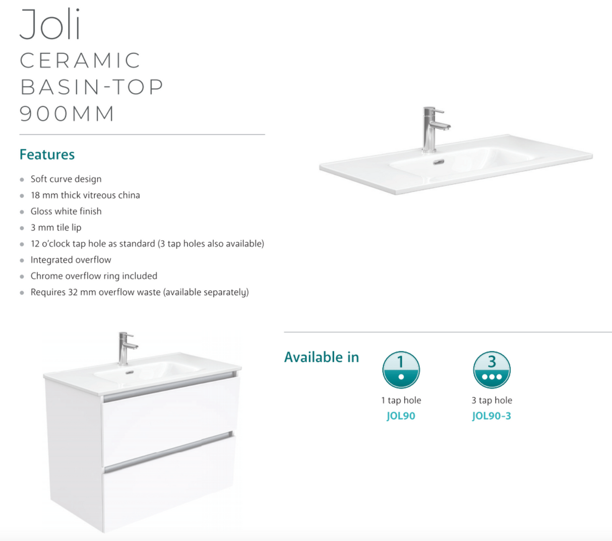 Fienza JOL90RW Joli Alina White 900 Wall-Hung Vanity