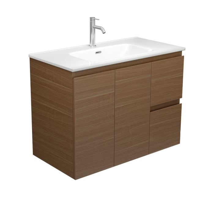 Fienza JOL90WAR Joli Edge 900 Walnut Wall Hung Vanity, Right Drawers