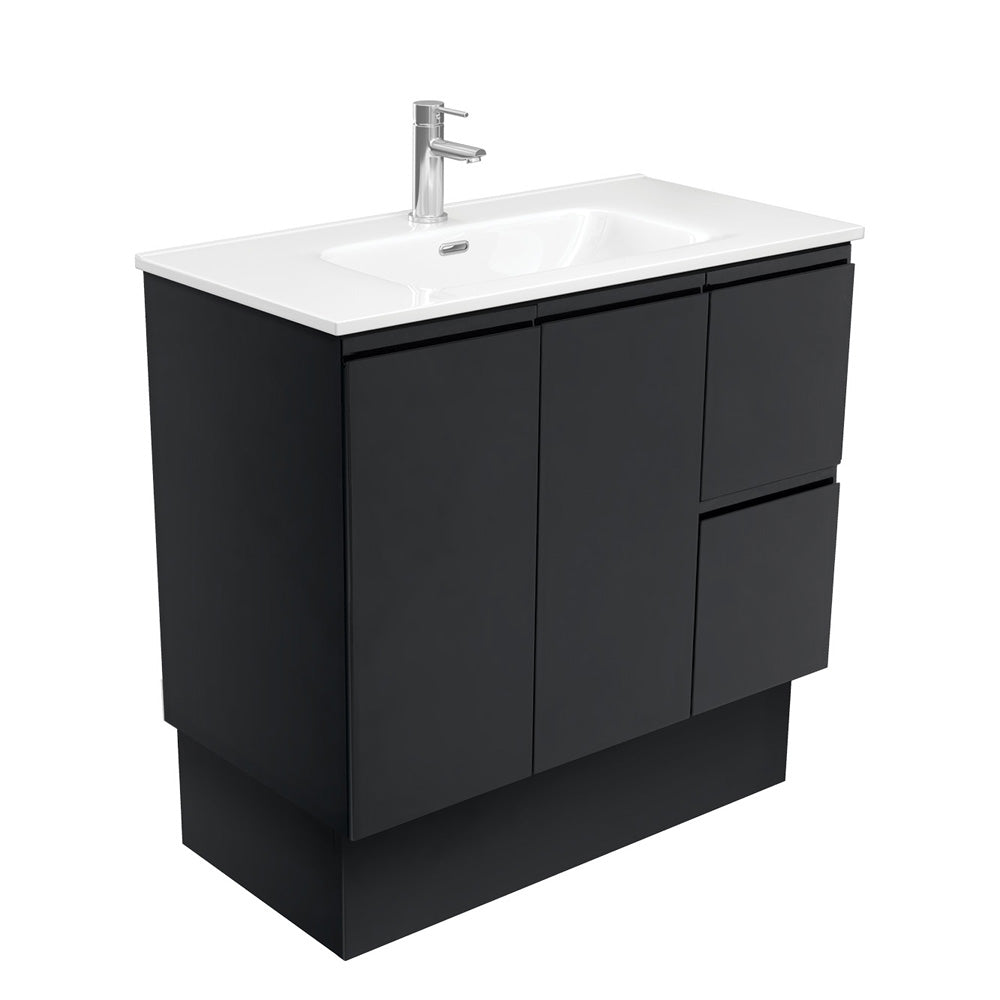 Fienza JOL90ZBKR 900mm Joli Fingerpull Vanity on Kickboard, Right Drawers, Satin Black