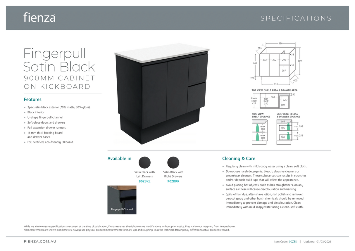 Fienza JOL90ZBKL 900mm Joli Fingerpull Vanity on Kickboard, Left Drawers, Satin Black