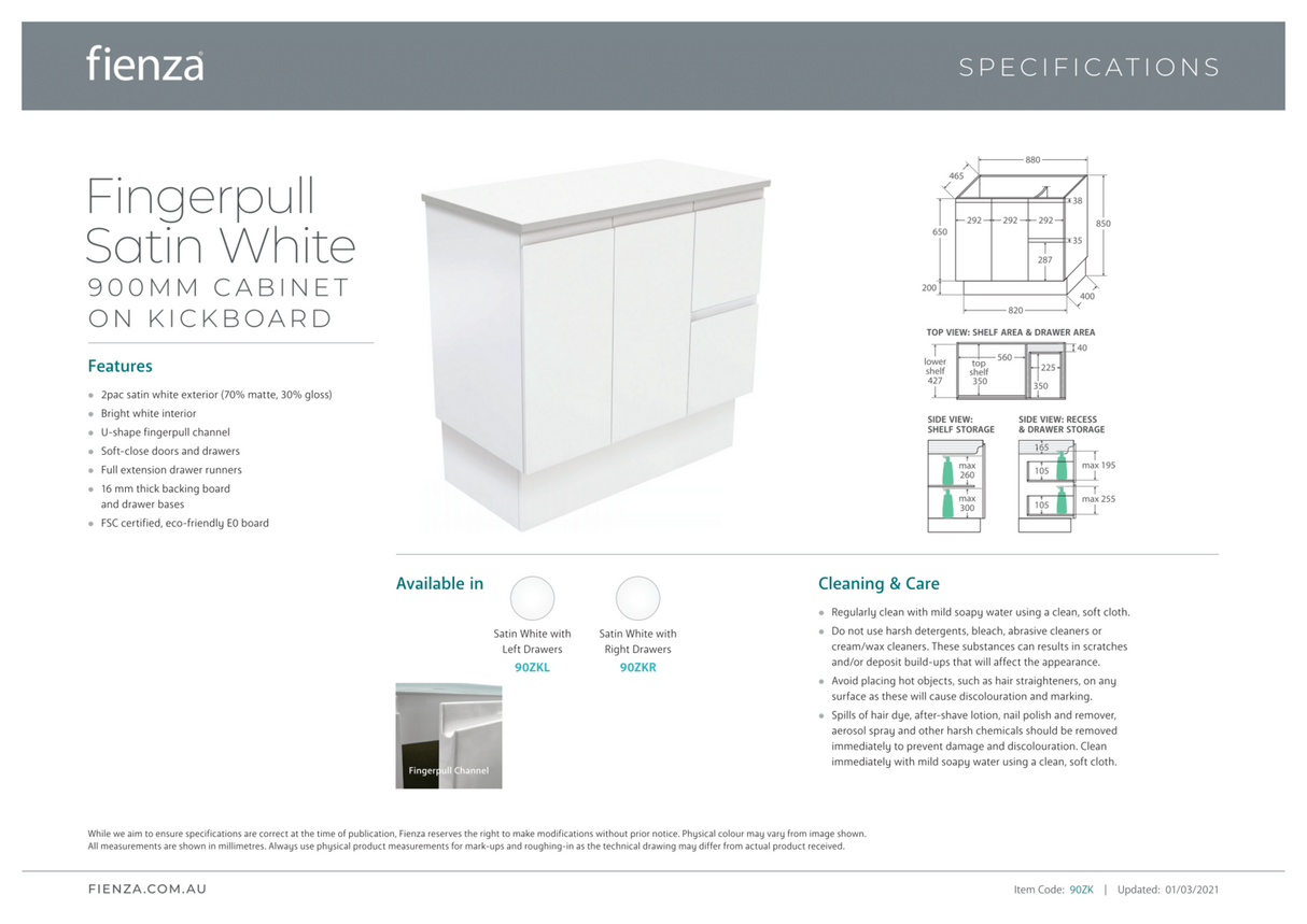 Fienza JOL90ZKR Joli 900mm Fingerpull Vanity on Kickboard, Right Drawers, Satin White