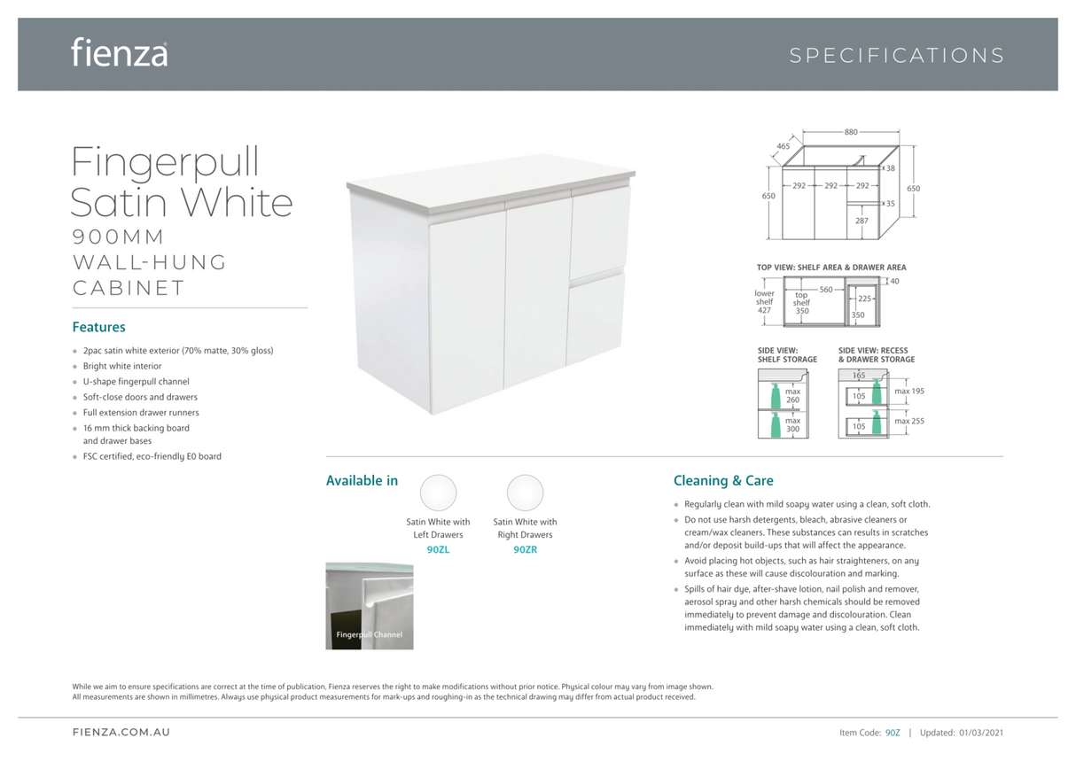 Fienza JOL90ZR Joli 900mm Fingerpull Wall-Hung Vanity, Right Drawers, Satin White
