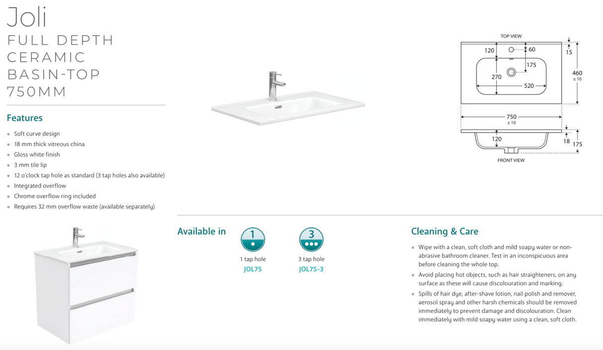 Fienza JOL75ML 750mm Joli Mila Wall Hung Vanity Unit, Left Drawers, White