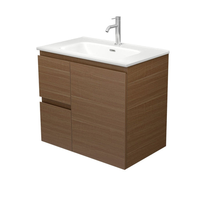 Fienza JOLM75WAL Joli Matte Edge Walnut 750 Wall Hung Vanity, Left Drawers