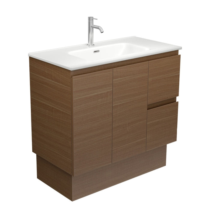 Fienza JOLM90WAKR Joli Matte Edge Walnut 900 Vanity on Kickboard, Right Drawers
