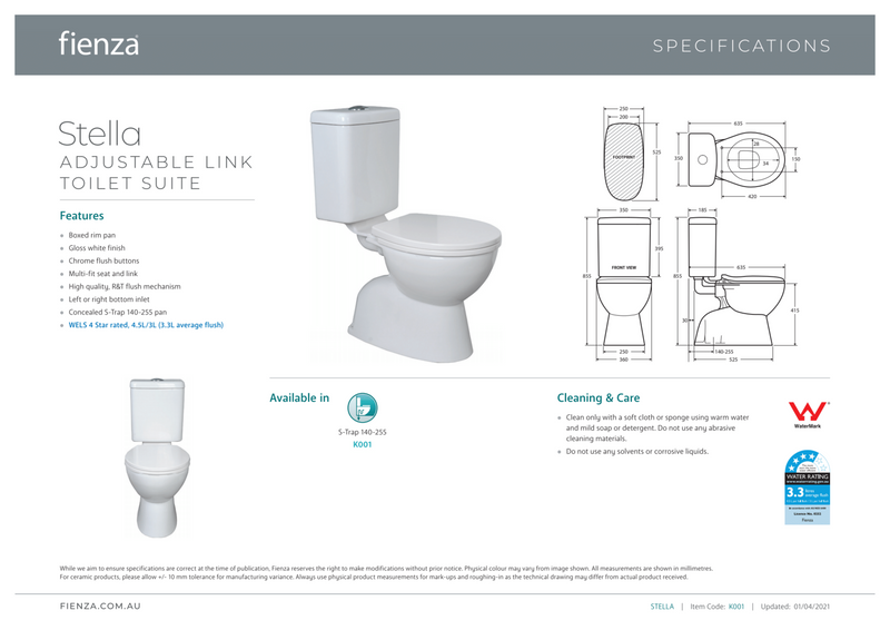 Fienza K001 Concealed S-Trap Stella Adjustable Link Toilet Suite, 140-255mm Pan, White - Special Order