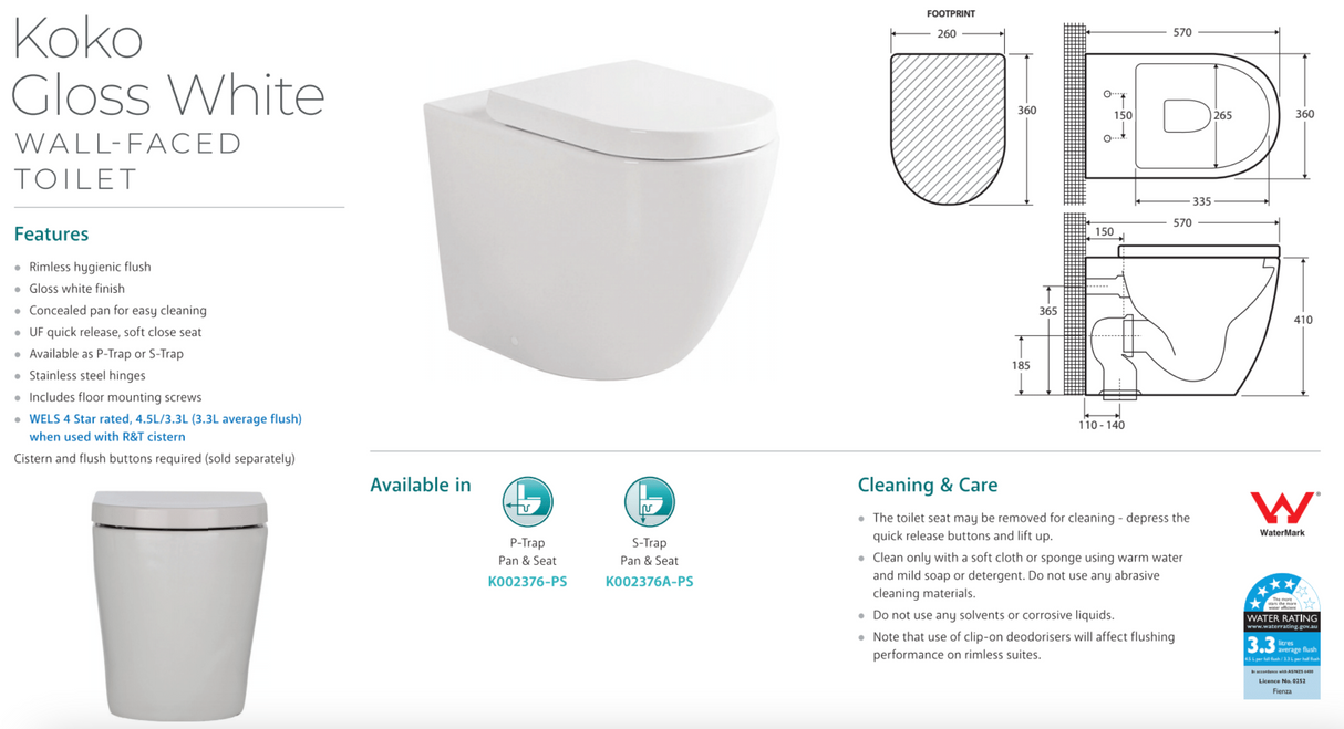 Fienza K002376-PS Koko Gloss White Wall-Faced Toilet Suite