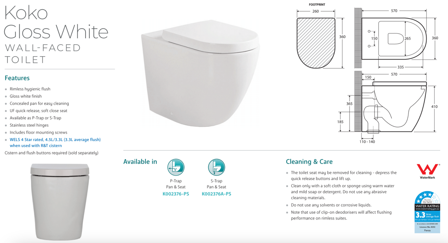 Fienza K002376-PS Koko Gloss White Wall-Faced Toilet Suite