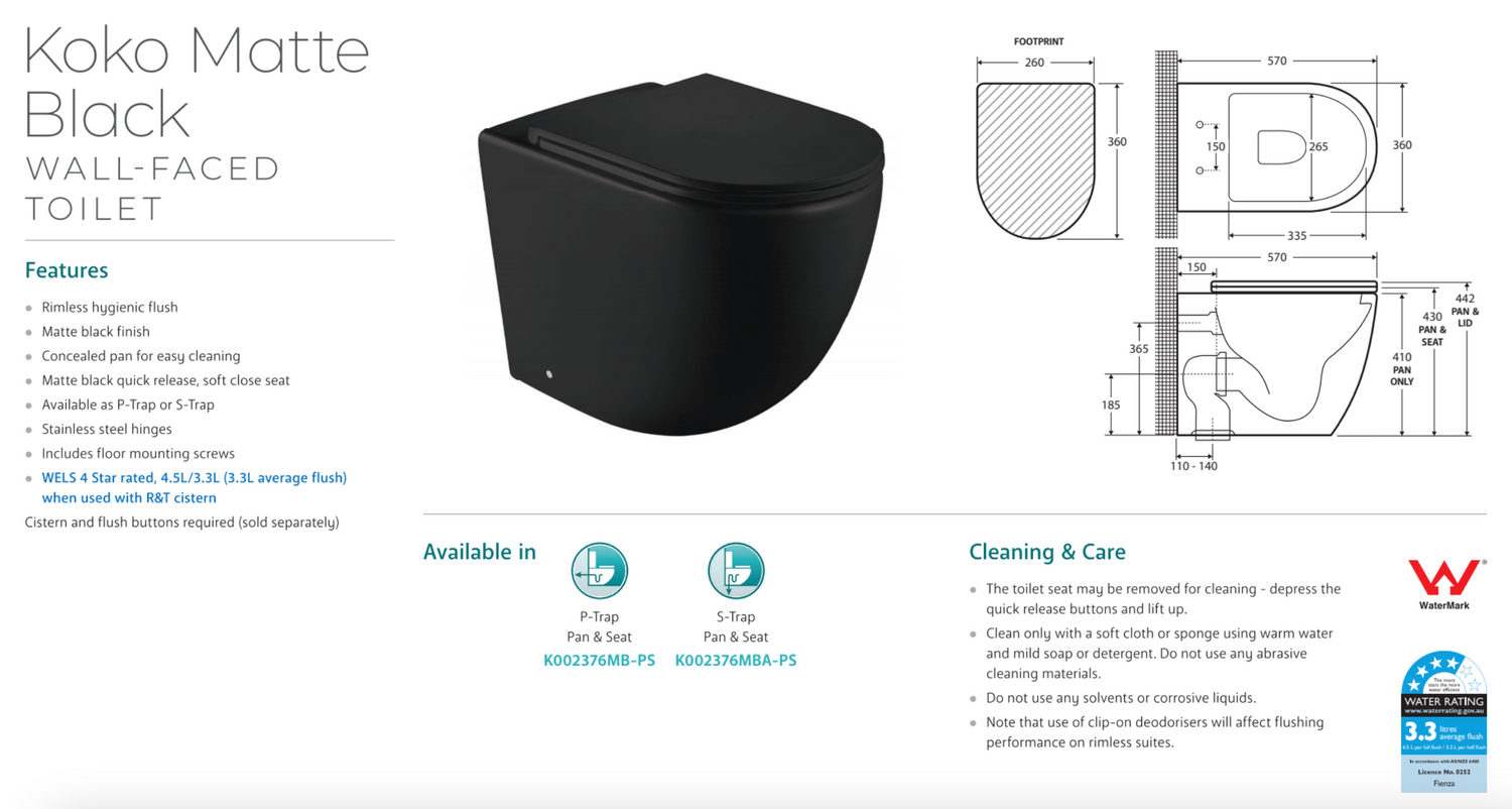 Fienza K002376MBA-PS Koko Matte Black Wall-Faced Toilet Suite, S-Trap