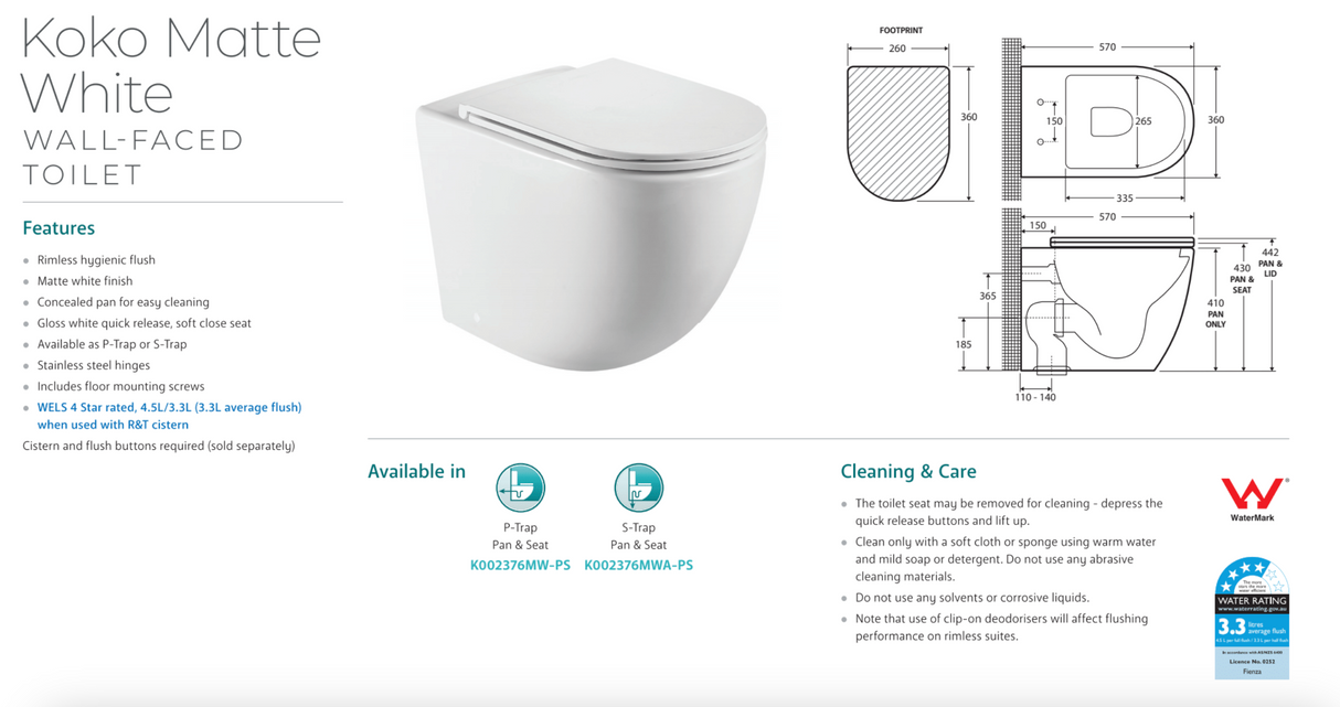 Fienza K002376MWA-PS Koko Matte White Wall-Faced Toilet Suite, S-Trap