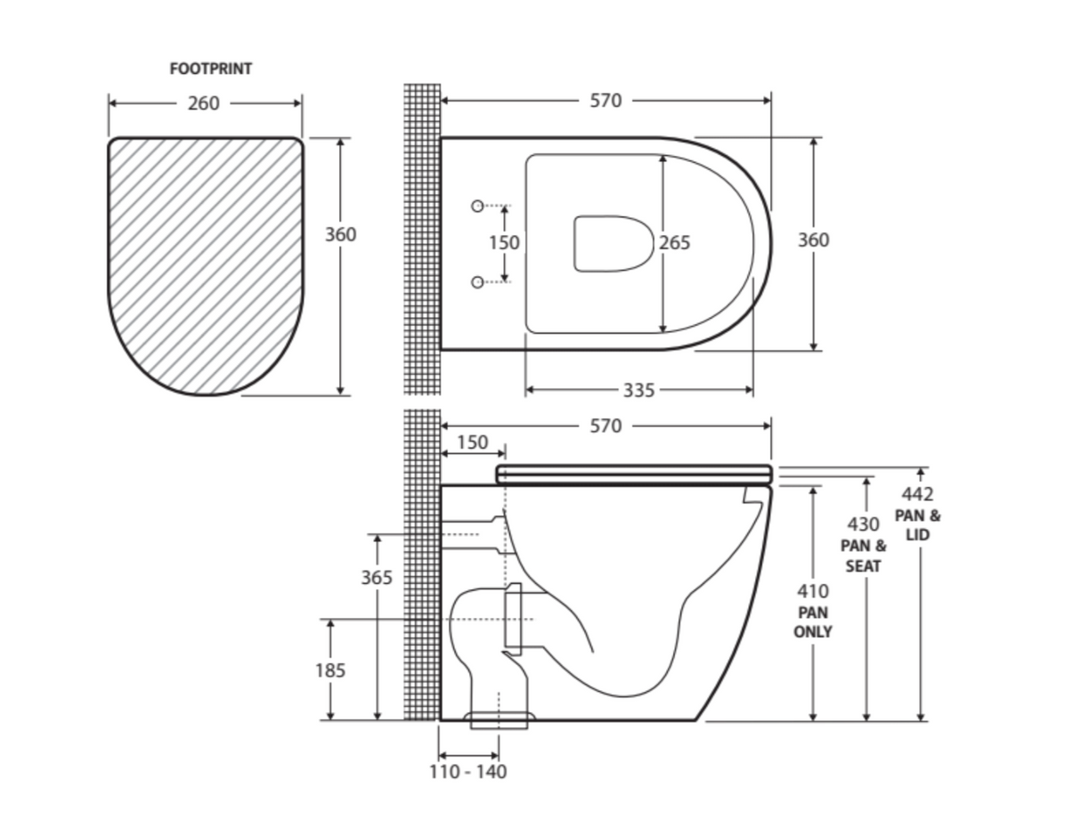 Fienza K002376MWA-PS Koko Matte White Wall-Faced Toilet Suite, S-Trap