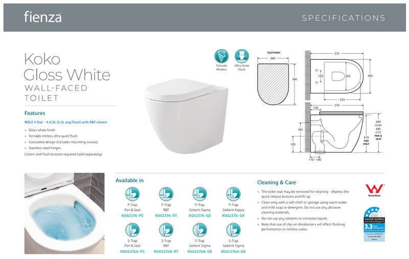 Fienza Toilet Package, Koko Gloss White Wall Face Toilet Pan to Floor, Gerberit Sigma 8 Inwall Cistern with Sigma 20 Flush Plate Matte Chrome Buttons - Special Order - Special Order