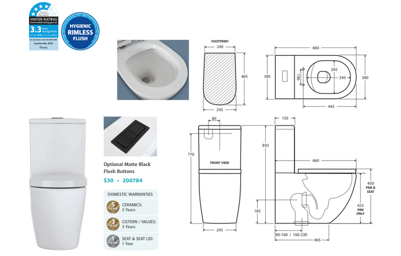 Fienza K002A Koko S-Trap 90-160mm Toilet Suite, White - Chrome Buttons - Special Order