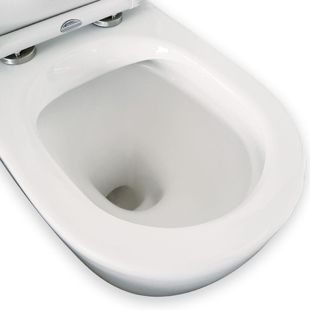 Fienza K002B-2 Koko Rimless Thin Seat S-Trap 160-230mm Back to Wall Toilet, White - Chrome Buttons