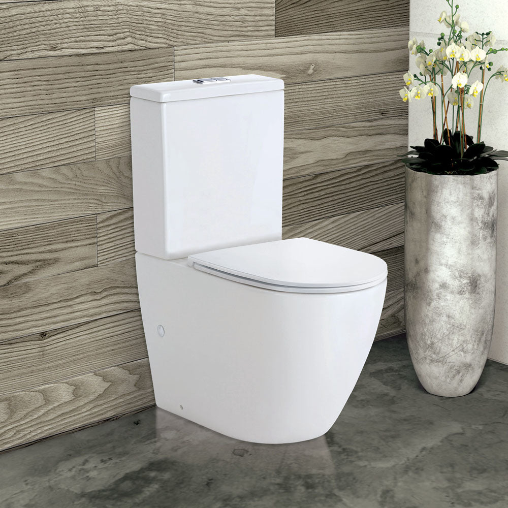 Fienza K002B-2 Koko Rimless Thin Seat S-Trap 160-230mm Back to Wall Toilet, White - Chrome Buttons