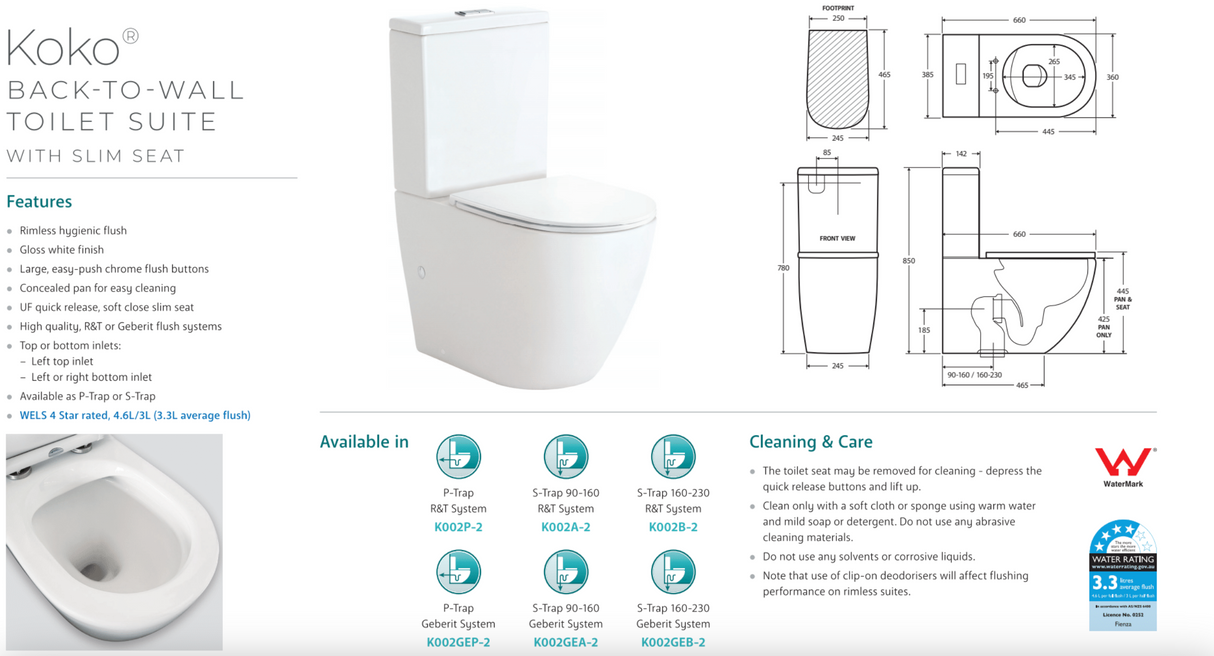 Fienza K002B-2 Koko Rimless Thin Seat S-Trap 160-230mm Back to Wall Toilet, White - Chrome Buttons