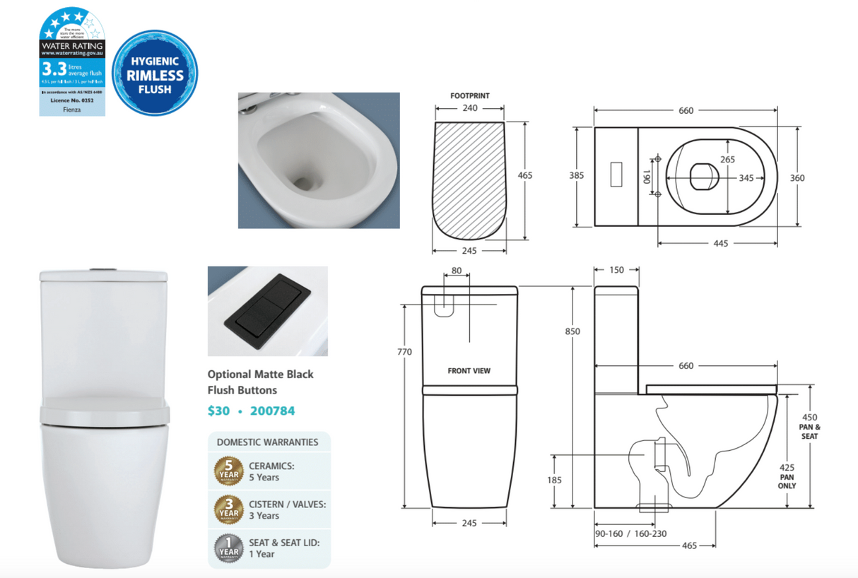 Fienza K002B Koko S-Trap 160-230mm Toilet Suite, White - Chrome Buttons