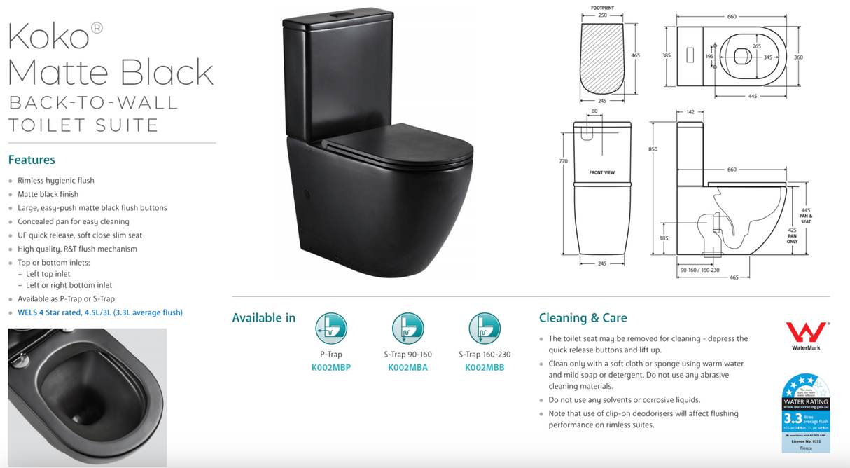 Fienza K002MBB Koko S Trap 160-230 Toilet Suite, Matte Black