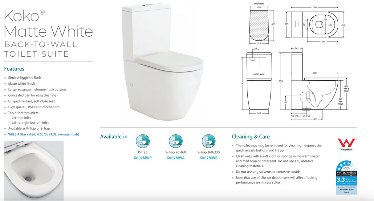 Fienza K002MWA Koko S Trap 90-160mm Toilet Suite, Matte White